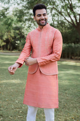 Light Orange Raw Silk Kurta Pajama with Mirror Work Jacket